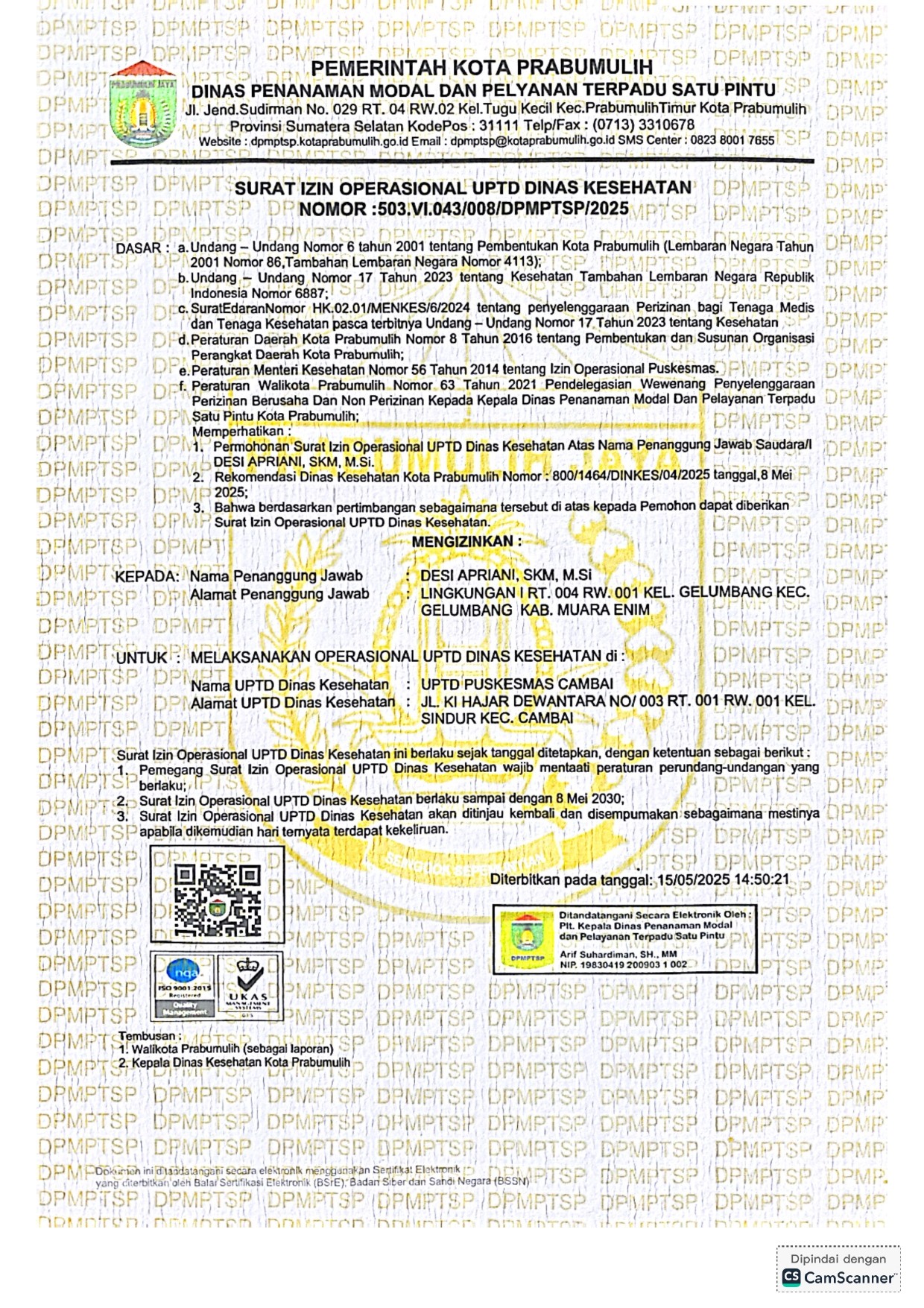 SURAT IZIN OPRASIONAL UPTD PUSKESMAS CAMBAI - (Ada 0 foto)